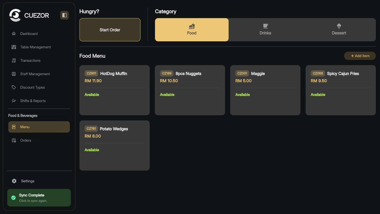 Cuezor POS Food and Beverage Management showing order entry, inventory tracking, and sales analytics