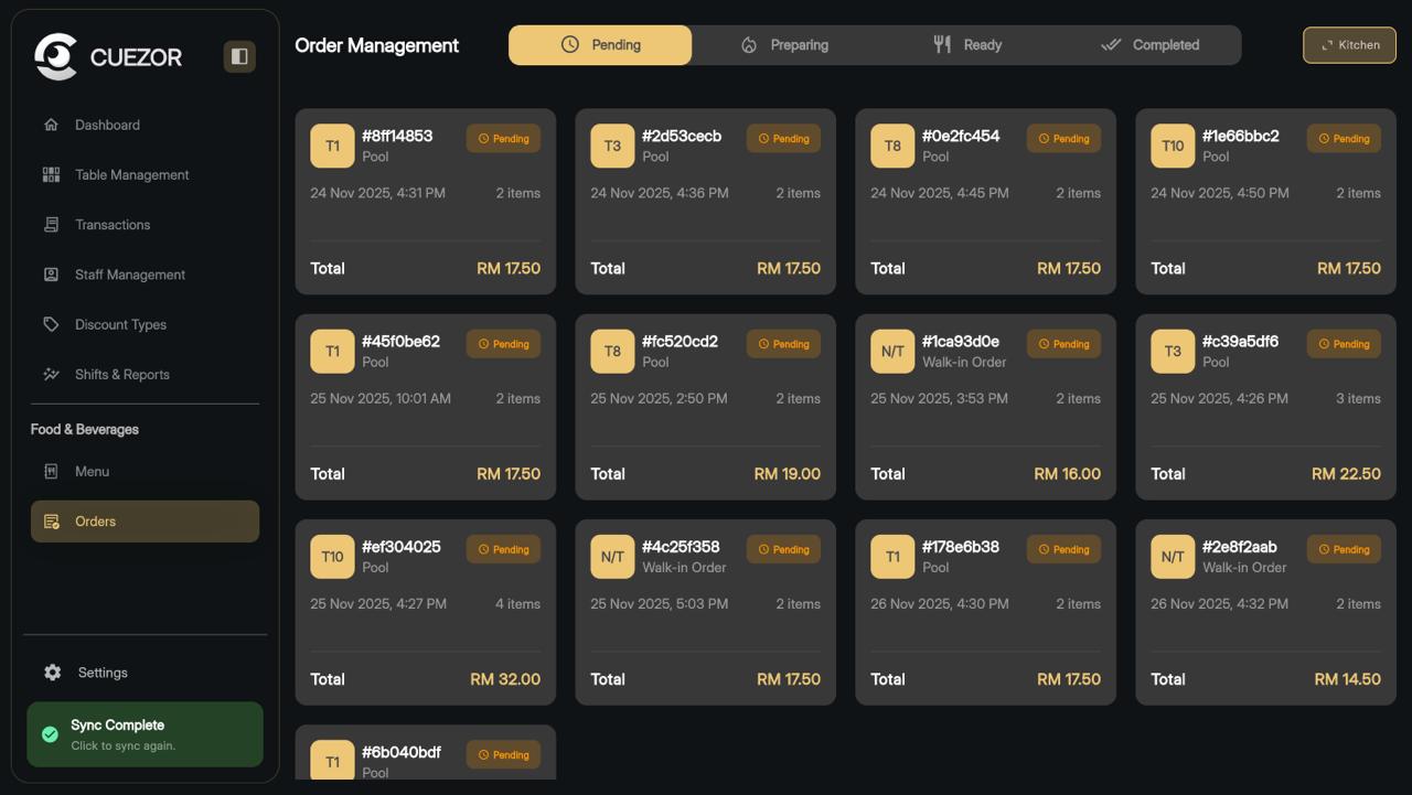 Cuezor POS Order Management system displaying complete order tracking, fulfillment status, and kitchen display