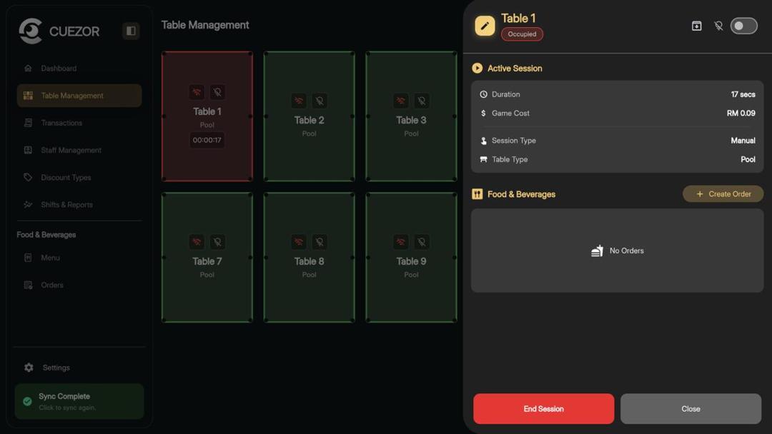 Cuezor POS Session Management system for tracking customer gaming sessions, duration, and billing