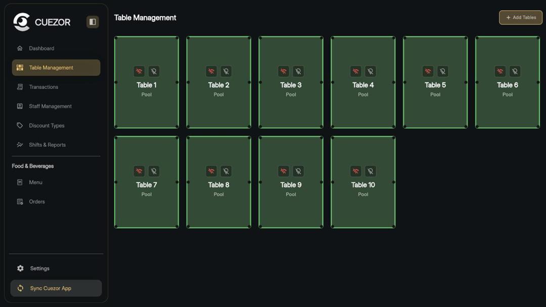Cuezor POS Table Management interface showing real-time table status, occupancy rates, and automated booking system